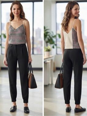 Zara Houndstooth Camisole Tank Top with Frayed Fringed Trim Trim